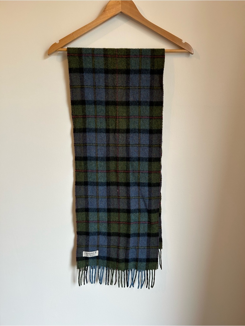 John Hanly Ireland 100% Lambswool Plaid Winter Scarf Green Blue Tartan Fringe